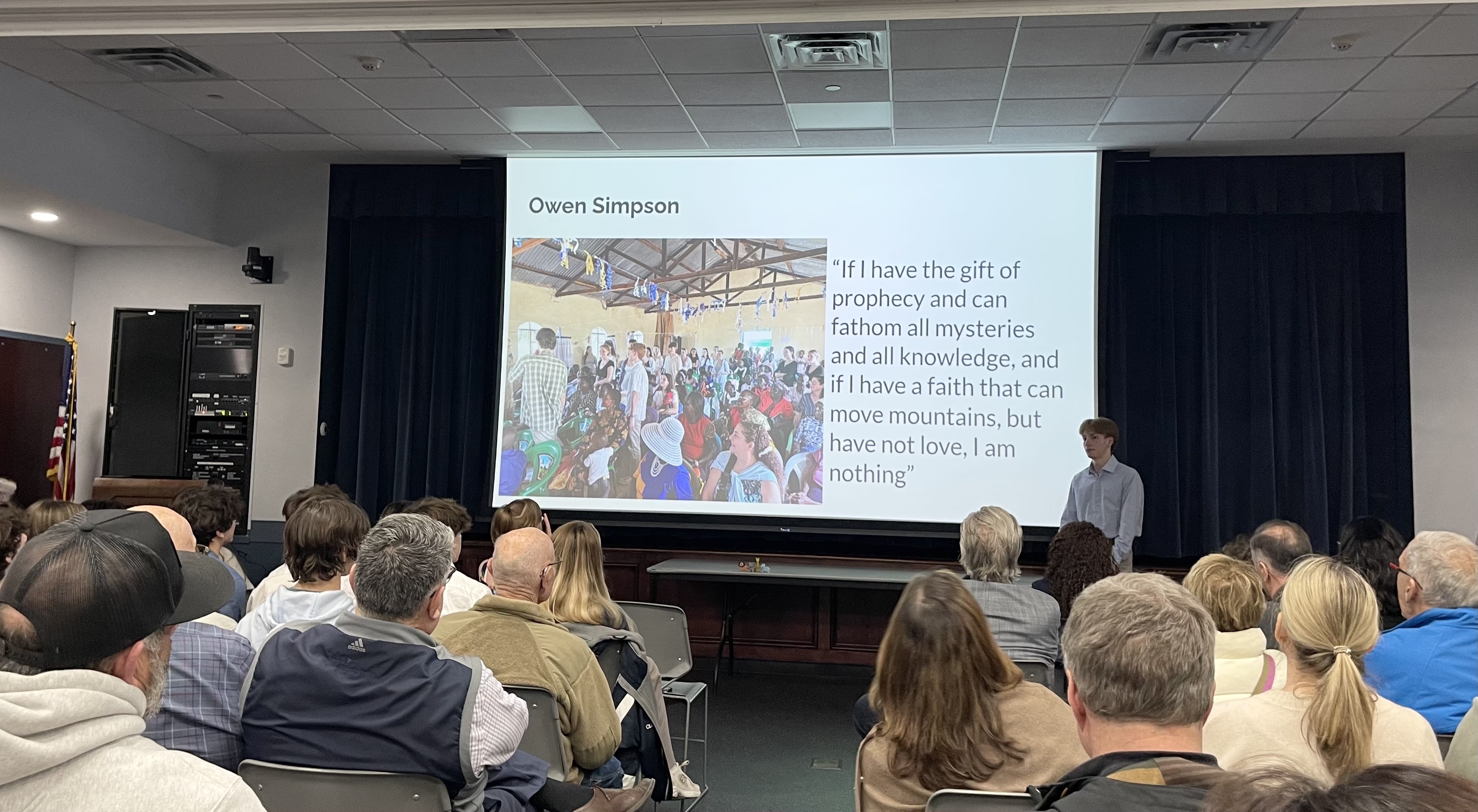 Northport High School student Owen Simpson spoke at a community forum last week about his experiences on SF60K&#39;s most recent trip to Kenya. 