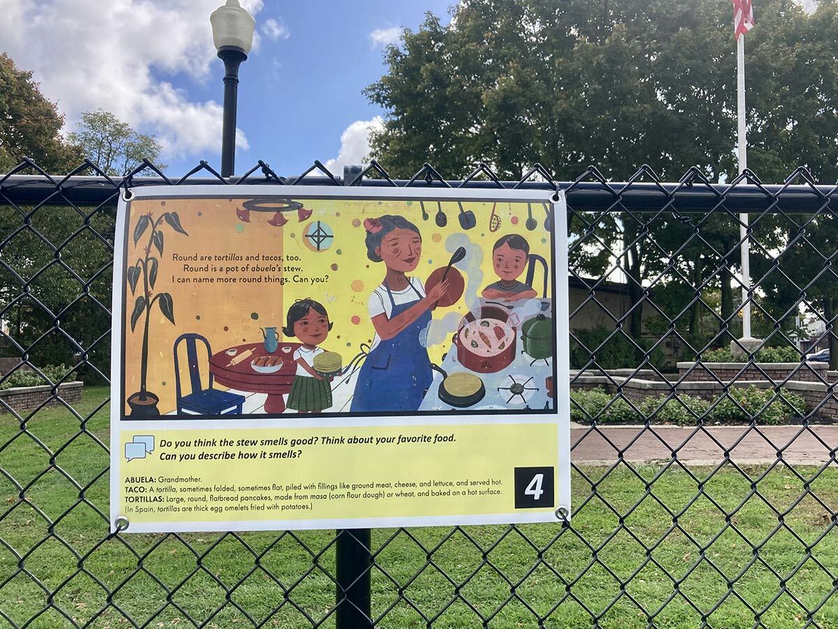 Round is a Tortilla: A Book of Shapes by Roseanne Greenfield Thong is the first story to be featured at the StoryWalk recently installed next to the East Northport Public Library.
