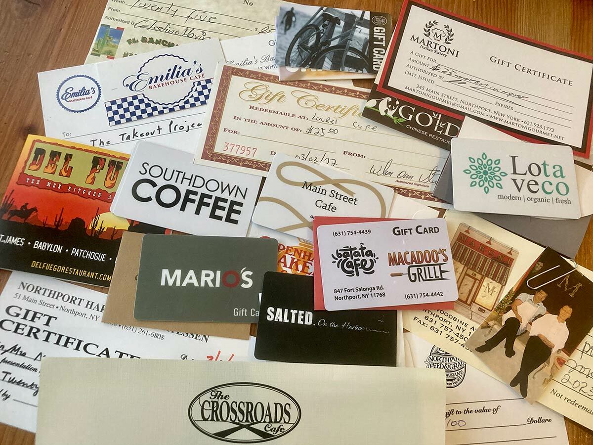 Gift cards bought and donated during last year’s The Takeout Project were distributed to local food pantries in Northport and East Northport.