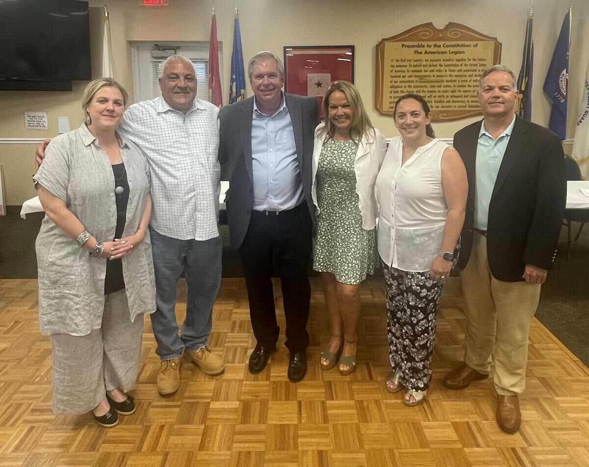 From left, Huntington Town Board candidate Brooke Lupinacci, Superintendent of Highways Andre Sorrentino, Huntington Republican Party Chairman Thomas McNally, Huntington Town Board candidate Theresa Mari, Receiver of Taxes candidate Dr. Pamela Valestegui, and TOH Supervisor Ed Smyth.