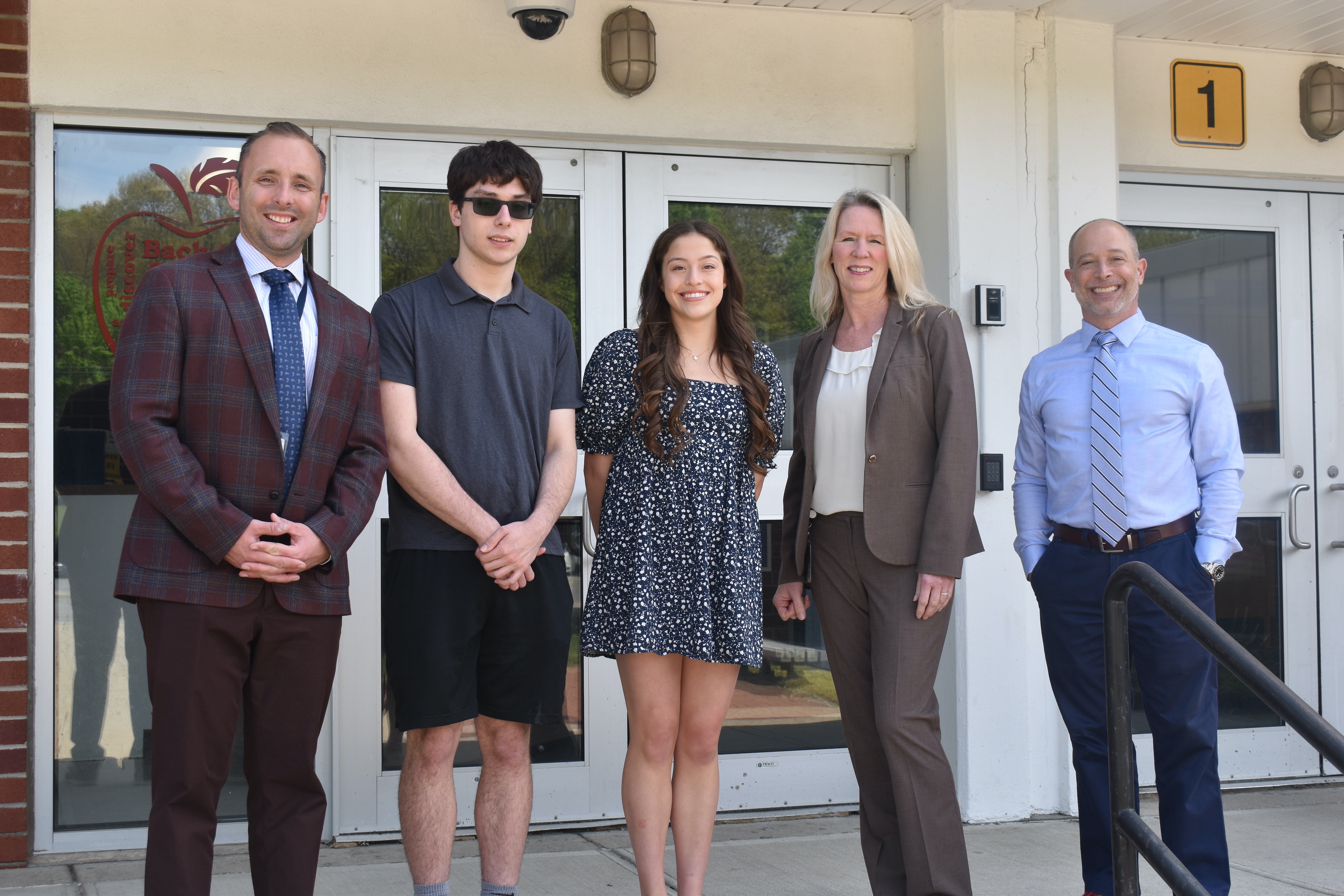 From left to right: Northport High School Principal Rob Dennis, Salutatorian Luke Tuthill, Valedictorian Emily Wickard, Assistant Principal Denise Keenan and counselor Louis Acconi. Photo courtesy of the Northport-East Northport school district. 