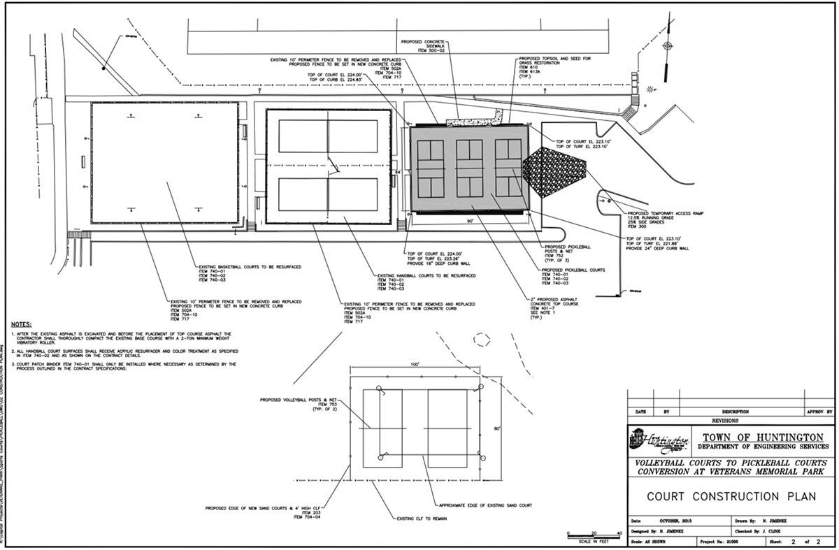 Original plans for the area at Vets Park with improvements including the resurfacing of the existing handball courts as well as the addition of three pickleball courts. All work except the resurfacing of the basketball courts was funded, as the basketball court was determined to be in good condition. Image courtesy of the Town of Huntington.