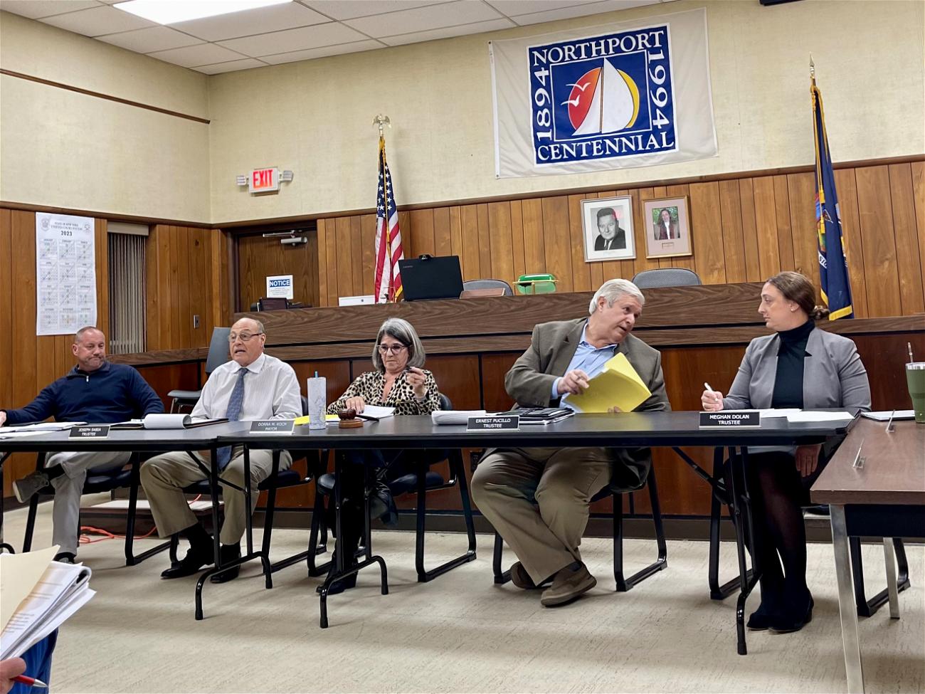 Village board members, from left, Dave Weber, Joseph Sabia, Mayor Donna Koch, Ernest Pucillo and Meghan Dolan at a Village board of trustees meeting in November. 