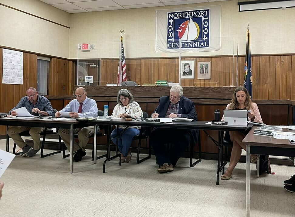 Members of the Northport Village Board of Trustees sit with Mayor Donna Koch at a board meeting this past Tuesday, September 20.