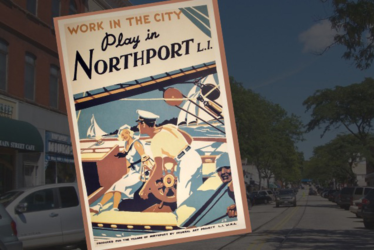 The original “Work in the City, Play in Northport” poster printed during the Great Depression is now on display at the Northport Historical Society’s March pop-up exhibit, “Northport Through Artists’ Eyes." Image courtesy Northport Historical Society.
